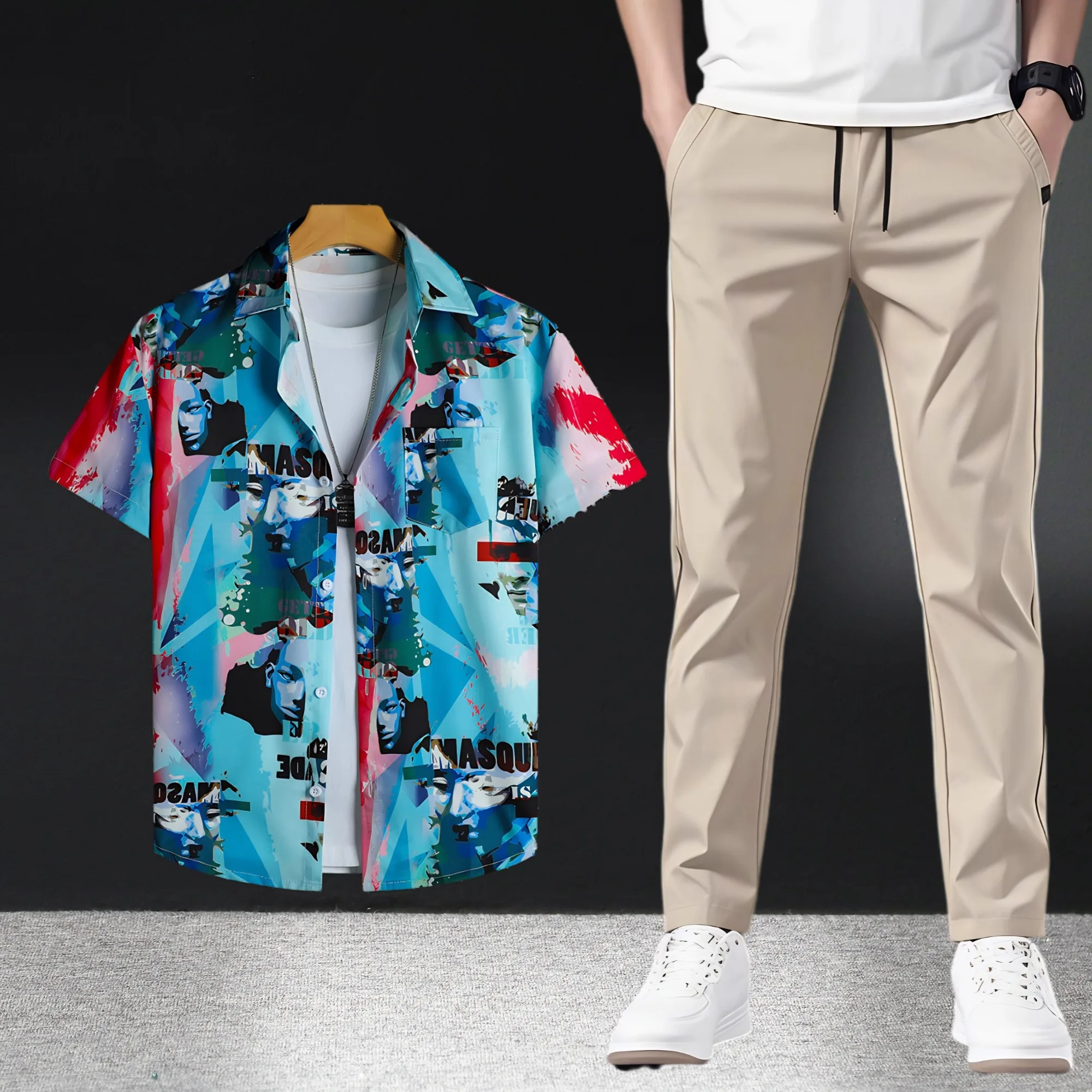 

Mens Summer Casual Outfit Short Sleeve Print Shirts and Pants Two Piece Set Comfortable Thin Fabric