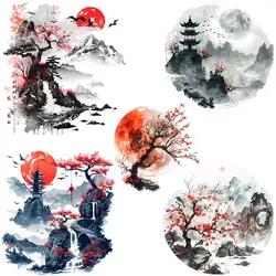 Chinese Style Heat Transfer For clothes DIY A-Level Washable T-shirt Iron-on Thermal Sticker Landscape Painting Patches Applique