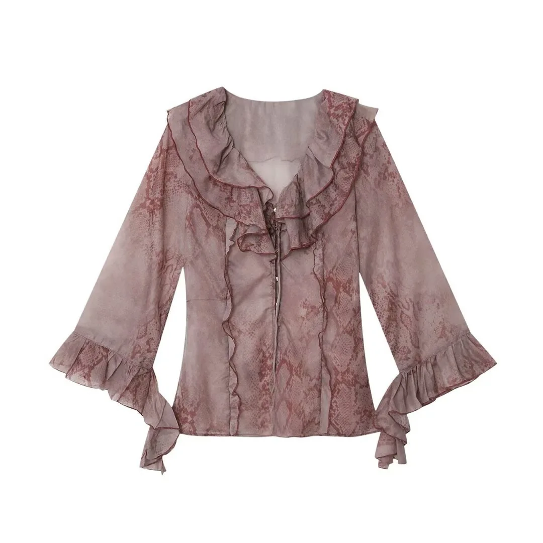 

European and American style 2026 spring new design retro animal print long-sleeved shirt with layered decoration