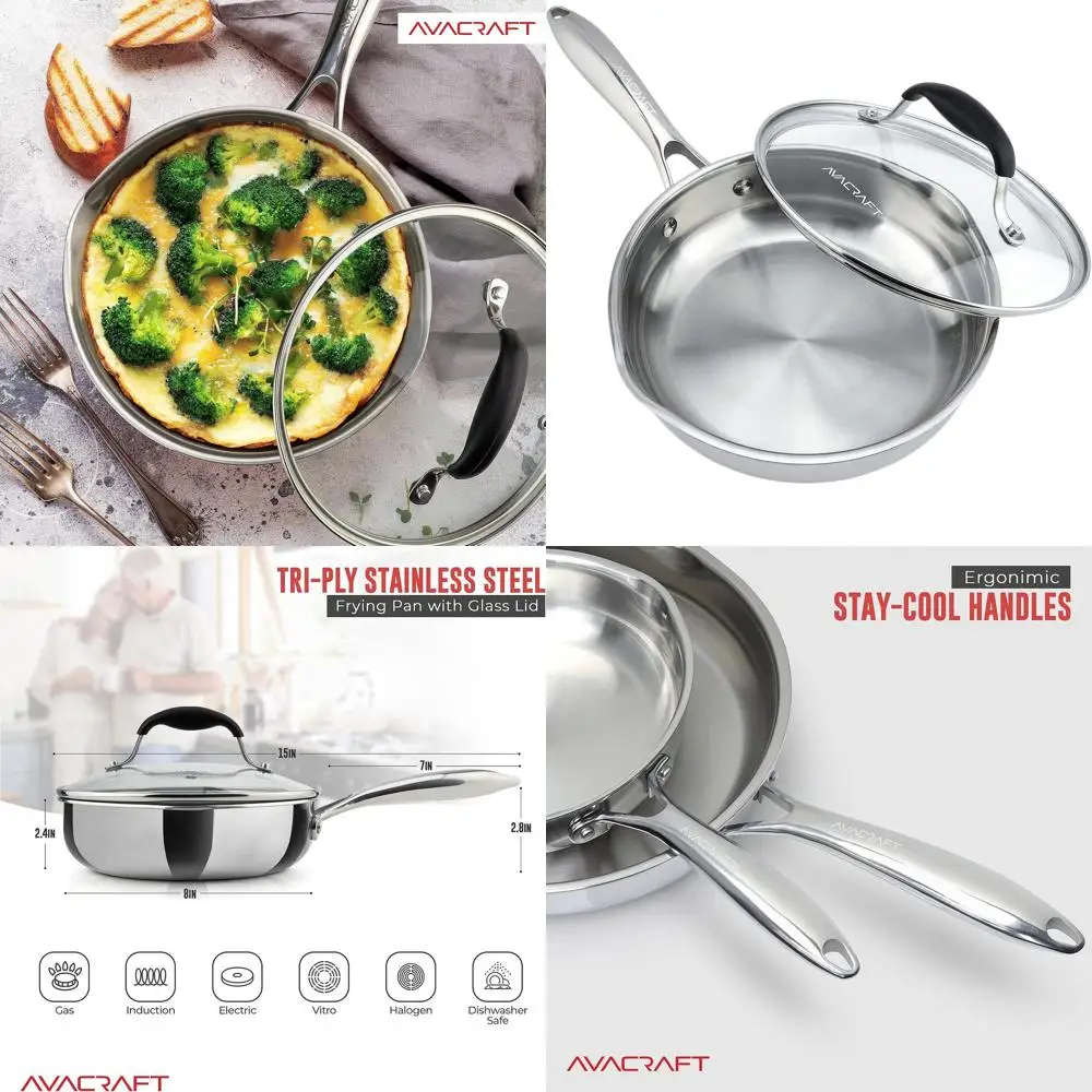 

8 Tri-Ply Stainless Steel Skillet with Lid, Side Pour Spouts, Induction-Ready, Versatile Fry Pan