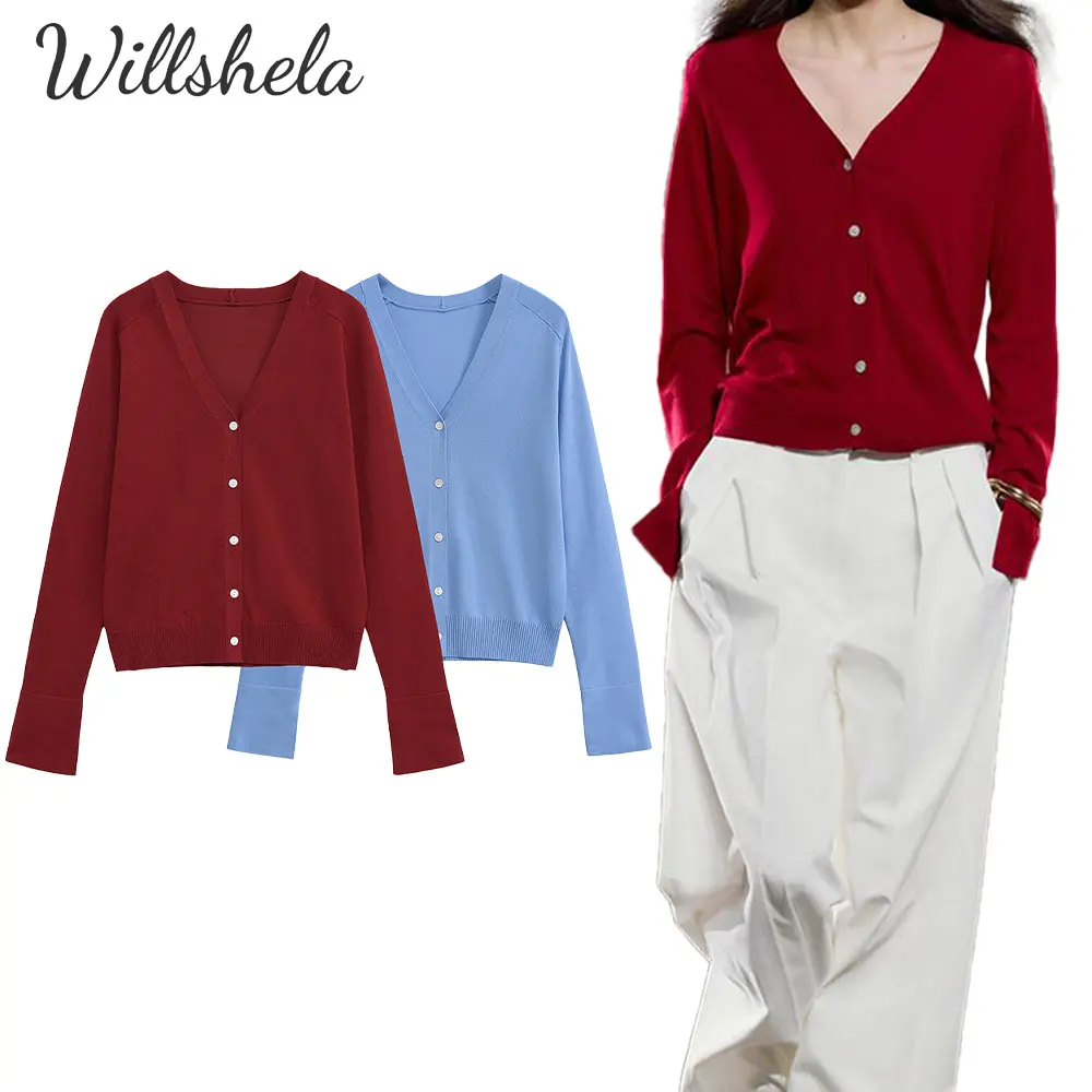 

Willshela Women Fashion Knitted Cardigan V-Neck Long Sleeves Female Chic Lady Casual Mujer Outfits Sweater
