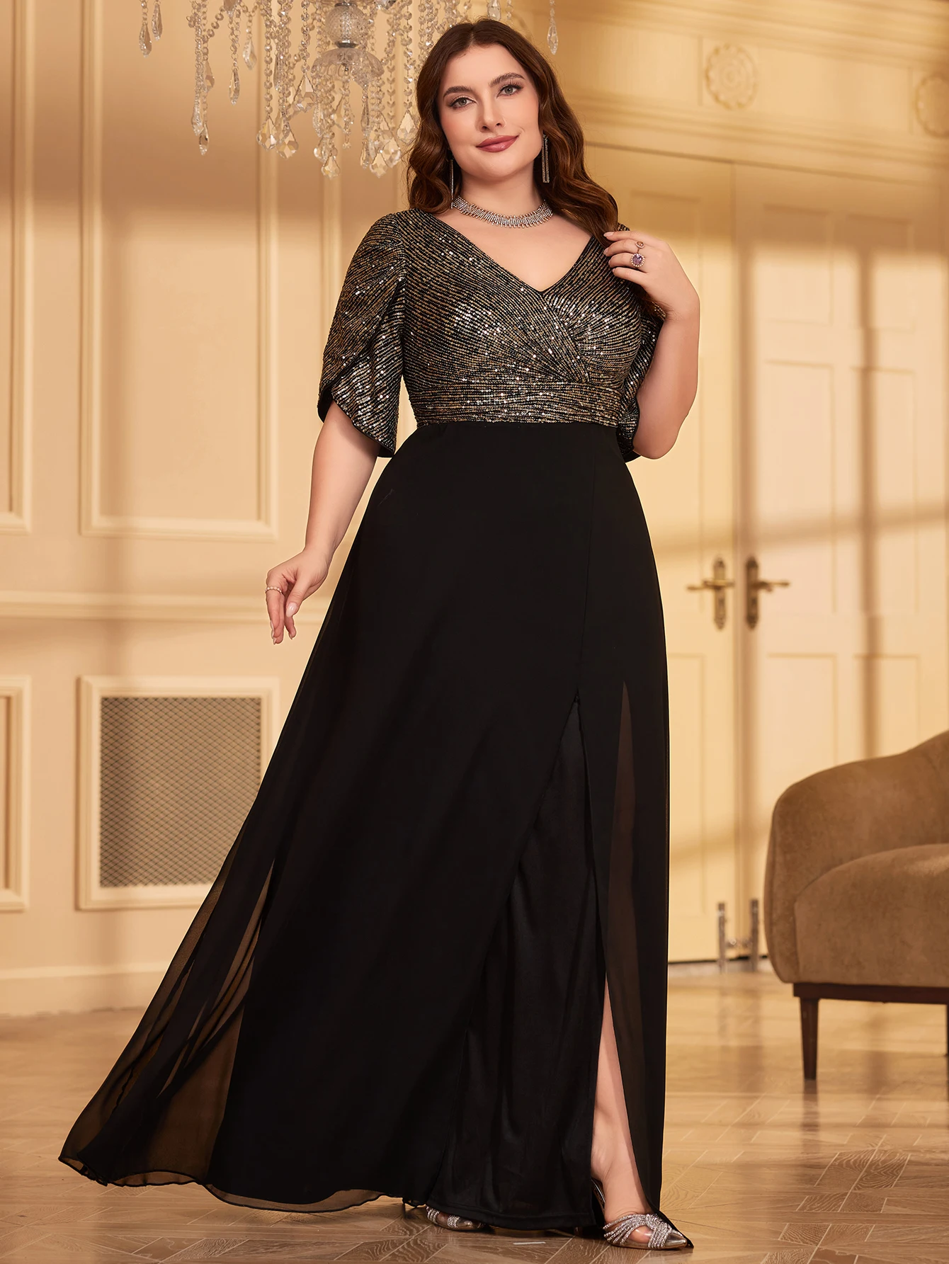 UNITHORSE Plus Size Sequin Patchwork Chiffon Formal Dress Black Elegant Prom Evening Wedding Guest Gown, For Graduation, Dinner view 6