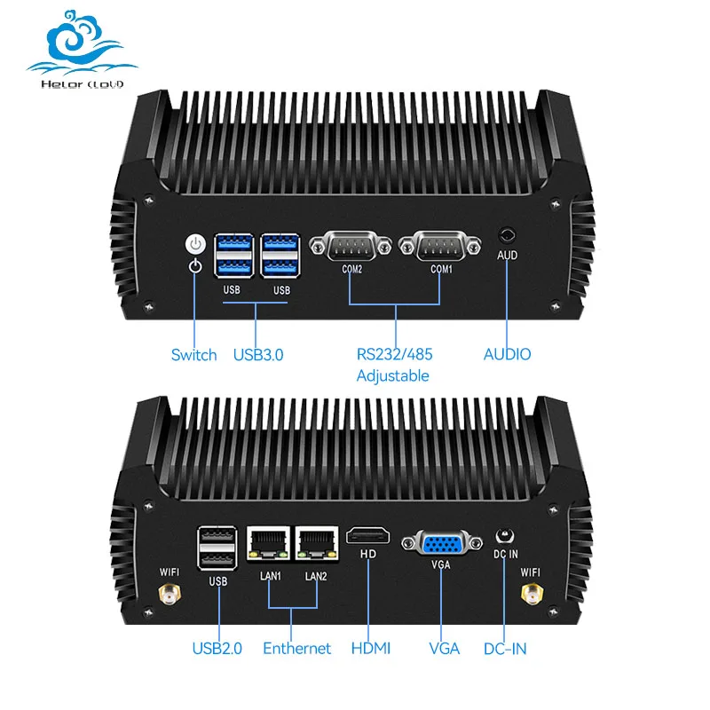 Helorpc Fanless Mini PC Intel Core i3-8130U DDR4 Support WiFi Linux Computer for Industrial with 4xUSB3.0 2xUSB2.0 1xHDMI 1xVGA