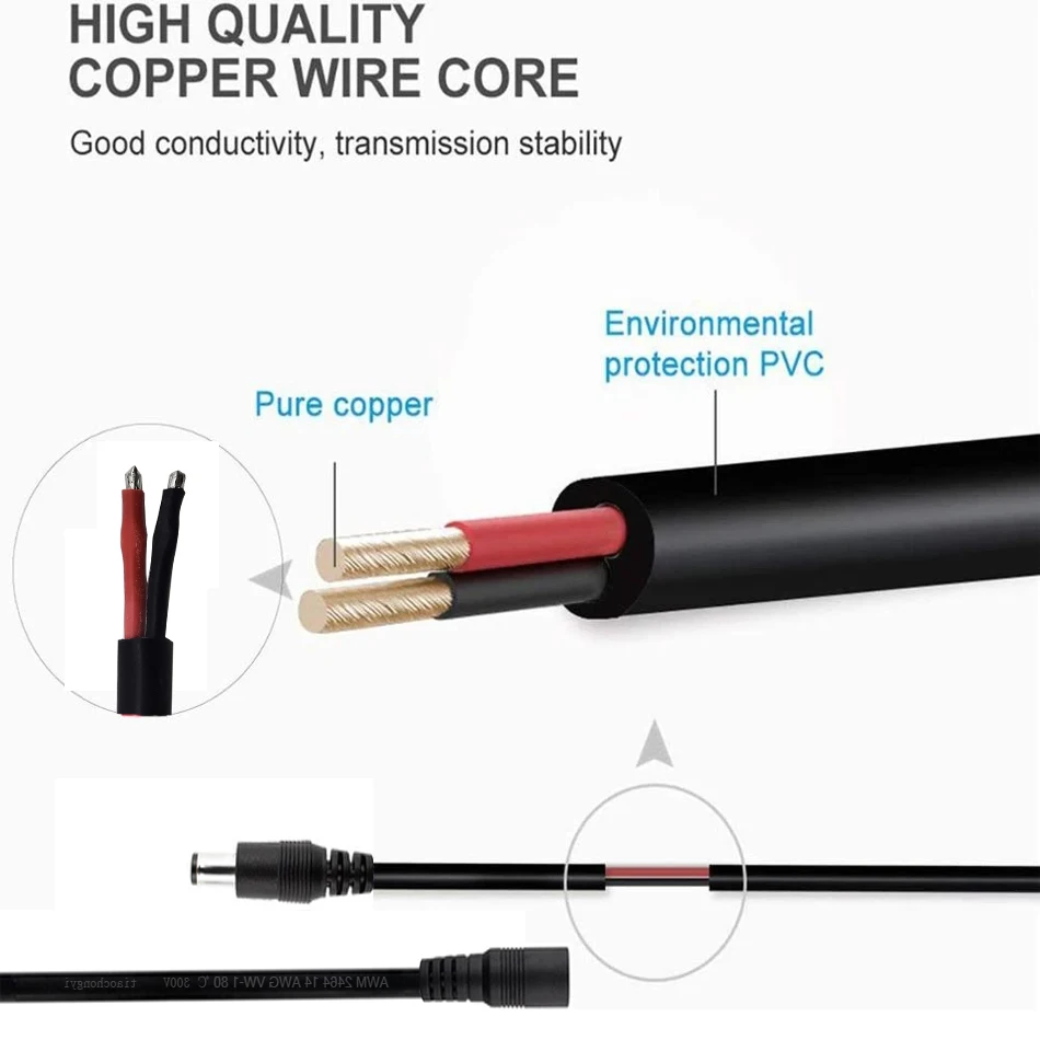 14AWG 2PIN 5.5x2.5 مللي متر/5.5X2.1 مللي متر قابس طاقة DC الذكور الإناث سلك كابل 30 سنتيمتر موصل مأخذ توصيل محول جاك ل LED قطاع ضوء