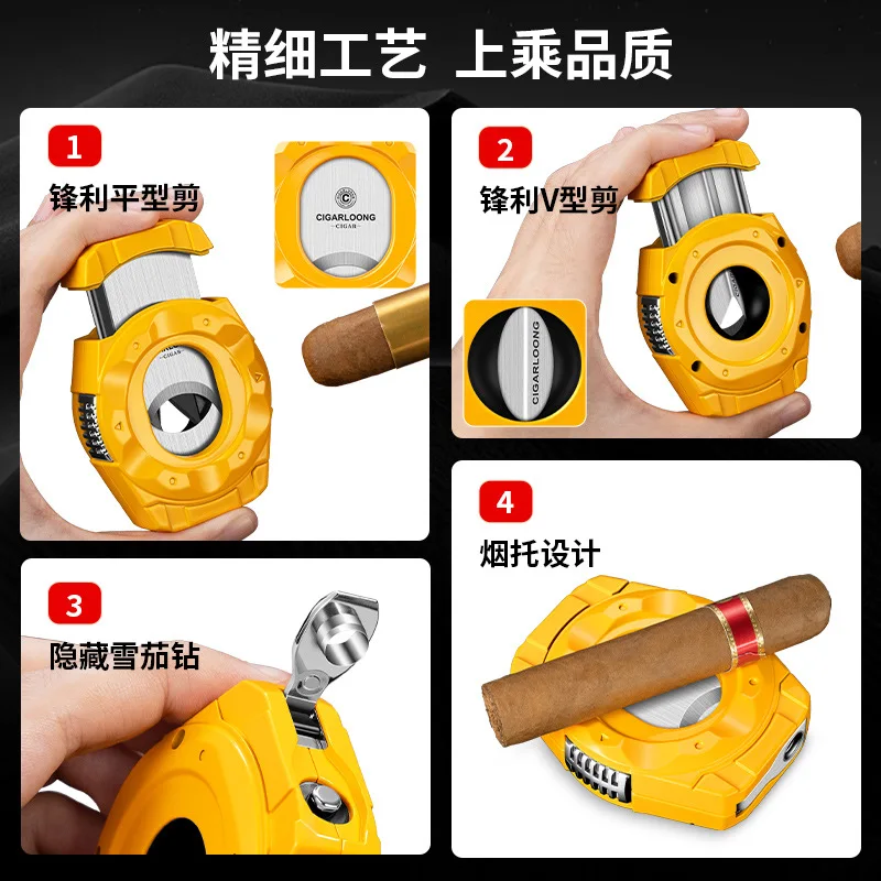 Cigar Cutter with Stainless Steel Blade, Double-sided and Double-purpose,  4-in-1 Multi-functional V-Cut Cigar Scissors