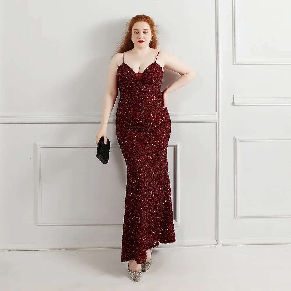 Plus Size Spaghetti Strap Mermaid Evening Dress Luxury Sequins Sexy Robe De Mariée Sleeveless Red Carpet Party Prom Gown