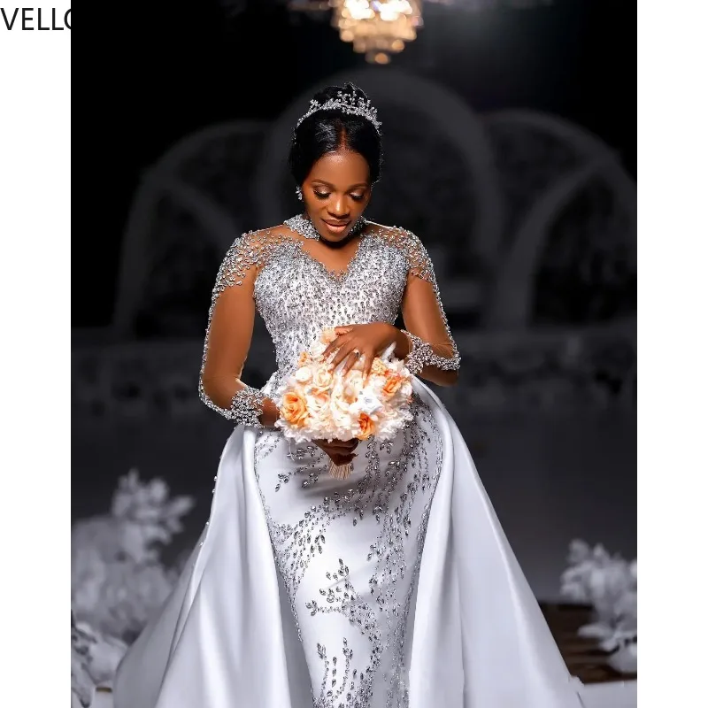 

Вечернее платье, бальное платье, тяжелые кристаллы, бусы, свадебное платье русалки, пуговицы сзади, с длинными рукавами, Vestdos De Fiesta, по индивидуальному заказу