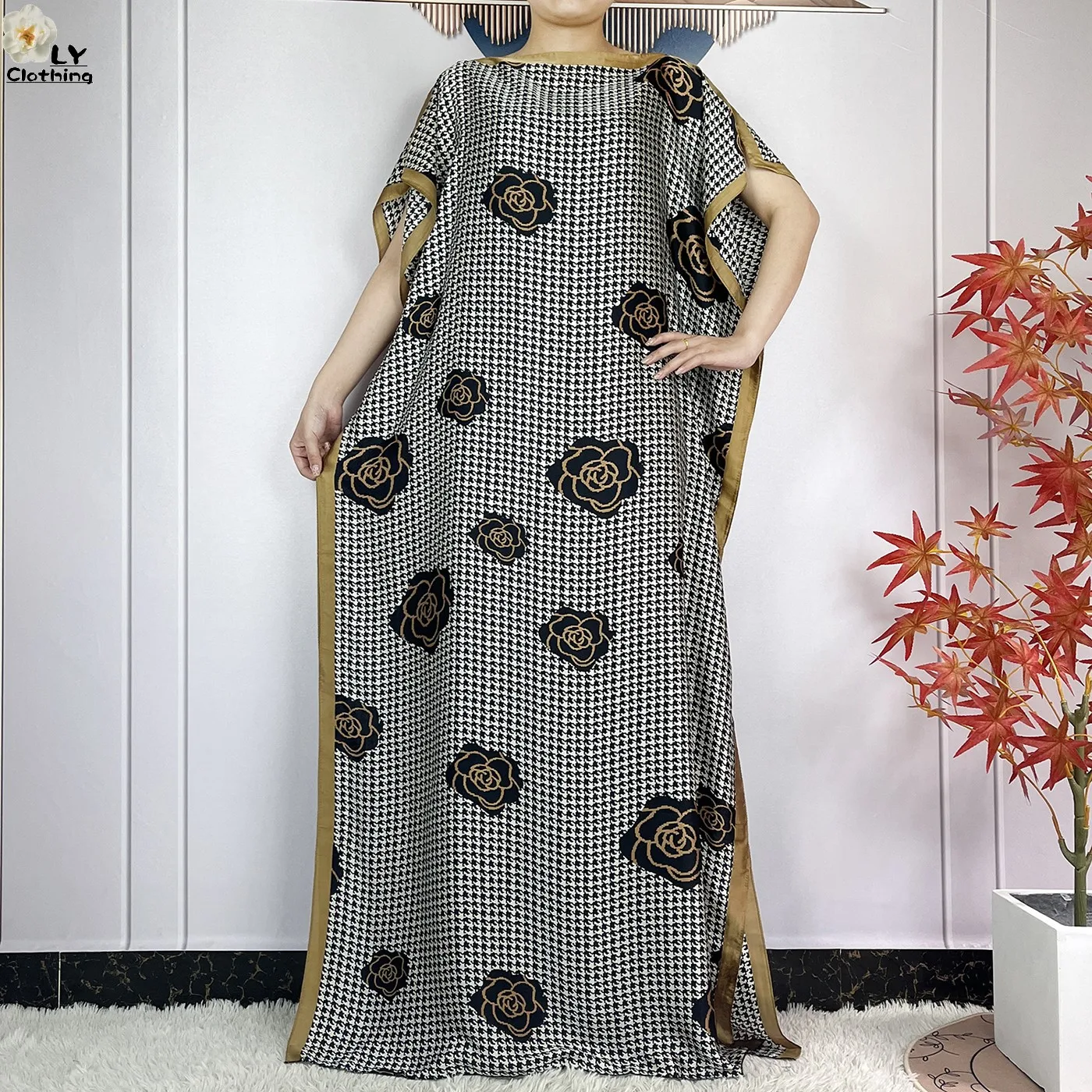 2024 Women Abayas Printed Silk Soft Loose Femme Robe African Muslim Summer Fashion Short Sleeve Islam Woman Dresses With Turban