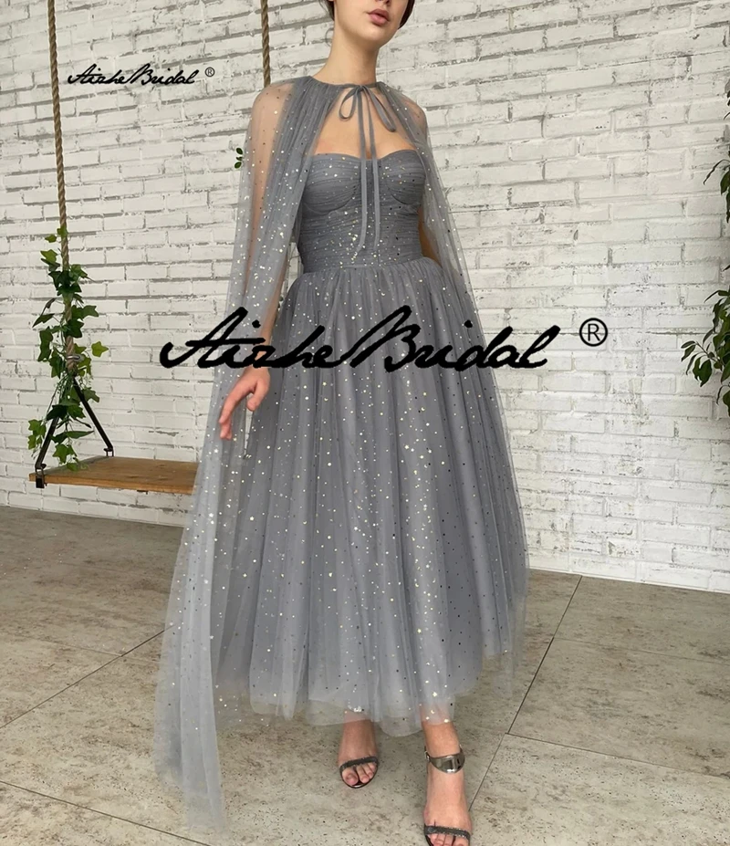 

Elegant Princess Sequined Tulle Prom Dress Sweetheart Zipper Back Evening Dress With Shawl 2022 Party Dress Robe de bal