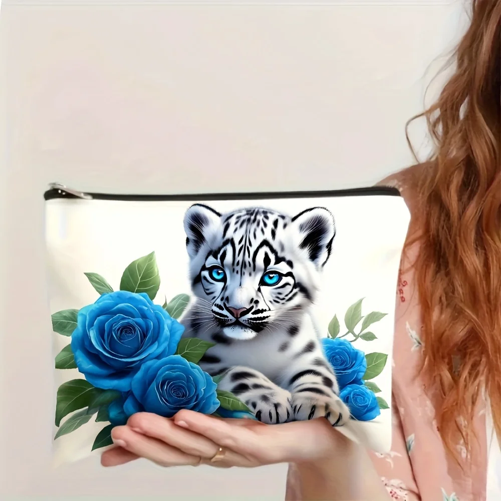 ASkull white snow leopard and blue rose printed makeup bag- multifunctional zipper pouch, jewelry storage bag, perfect travel zi