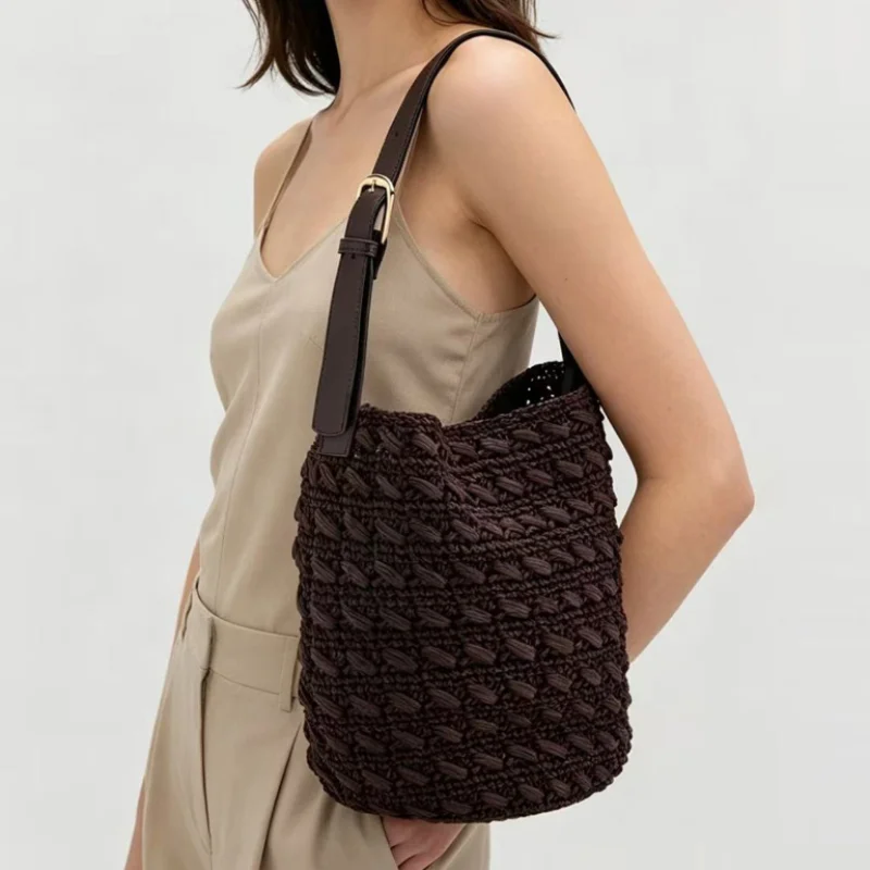 

European American Retro Woven Bucket Bag, Coffee Large Tote Bag Beach Vacation Straw Shoulder Bag Brand Casual Simple Commut Bag
