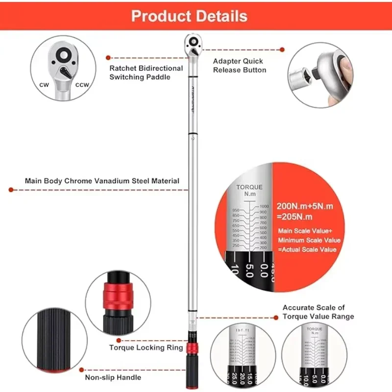 3/4 Inch, 600/800/1000 Nm Torque Wrench Car Tire Change 3% Accuracy With 48 Teeth, Torque Wrench For Car, Truck