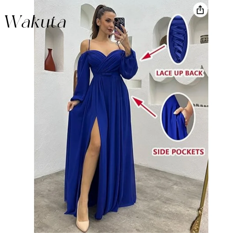 Wakuta Elegant Off Shoulder Long Sleeved Camisole Bridesmaid Dress Fashion Spaghetti Slit Pleated Wedding Birthday Vestidos 2024