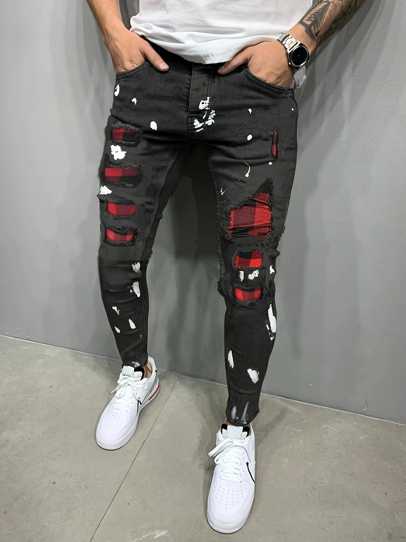 

Men's casual street style straight leg pants, slightly stretchy blended cotton jeans, splashed plaid ripped jeans