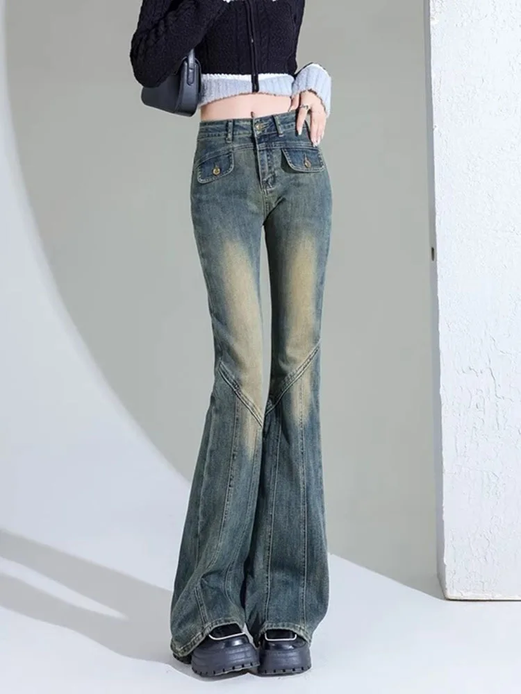 Donna nuovi jeans svasati oversize moda a vita alta pantaloni femminili slim fit in denim con fondo a campana pantaloni blu retrò femminili