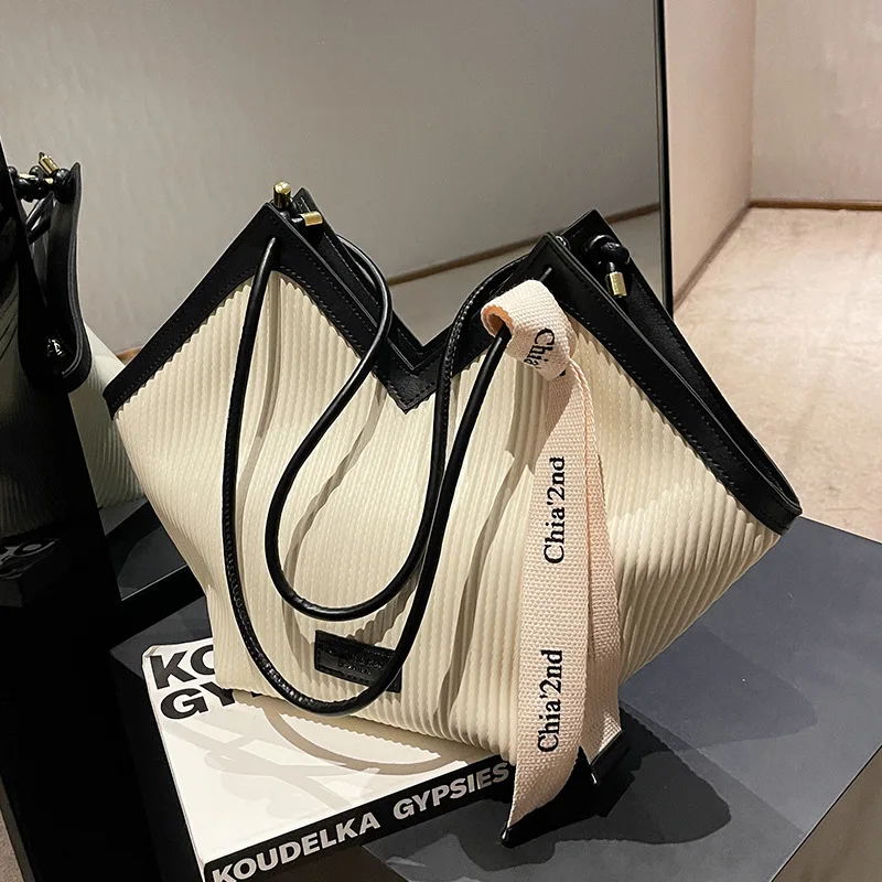 Fashion Stripped Women\'s Shoulder Bags Korean Style Solid Color Bucket for Student 2023 Autumn New Office Lady Handbags