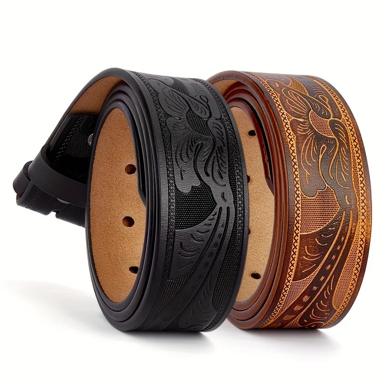 Genuine Leather Vintage Belt No Buckle Embossed Cowhide Without Buckle Men Strap Male Western Cowboy Belts