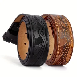 Genuine Leather Vintage Belt No Buckle Embossed Cowhide Without Buckle Men Strap Male Western Cowboy Belts