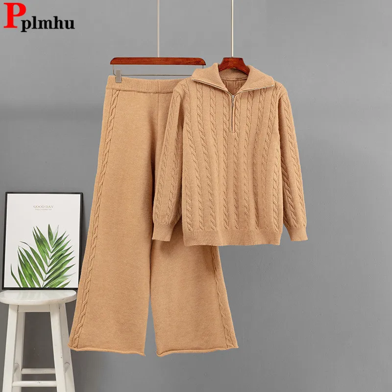 

Осень-зима, новые вязаные комплекты из 2 предметов, женский свитер на молнии с лацканами, пуловер, топы, прямые брюки с высокой талией, наряд