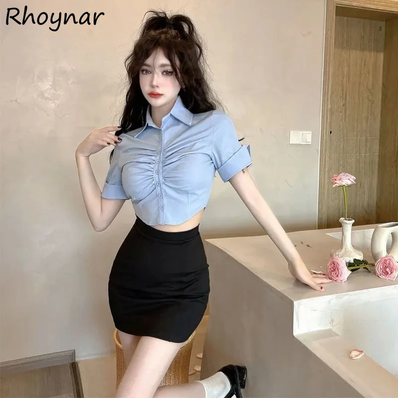 

Женские комплекты, тонкие укороченные рубашки с короткими рукавами и складками в консервативном стиле, юбки-футляры в американском стиле, мини-девичьи летние новые Ulzzang