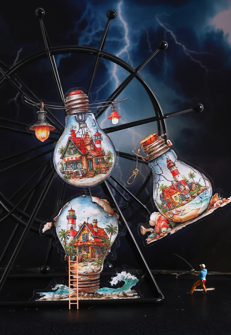 JIANWU Vintage Lightbulb Coast Island Time Landscape Material Collage Scrapbooking PET Sticker Creative DIY Journal Stationery