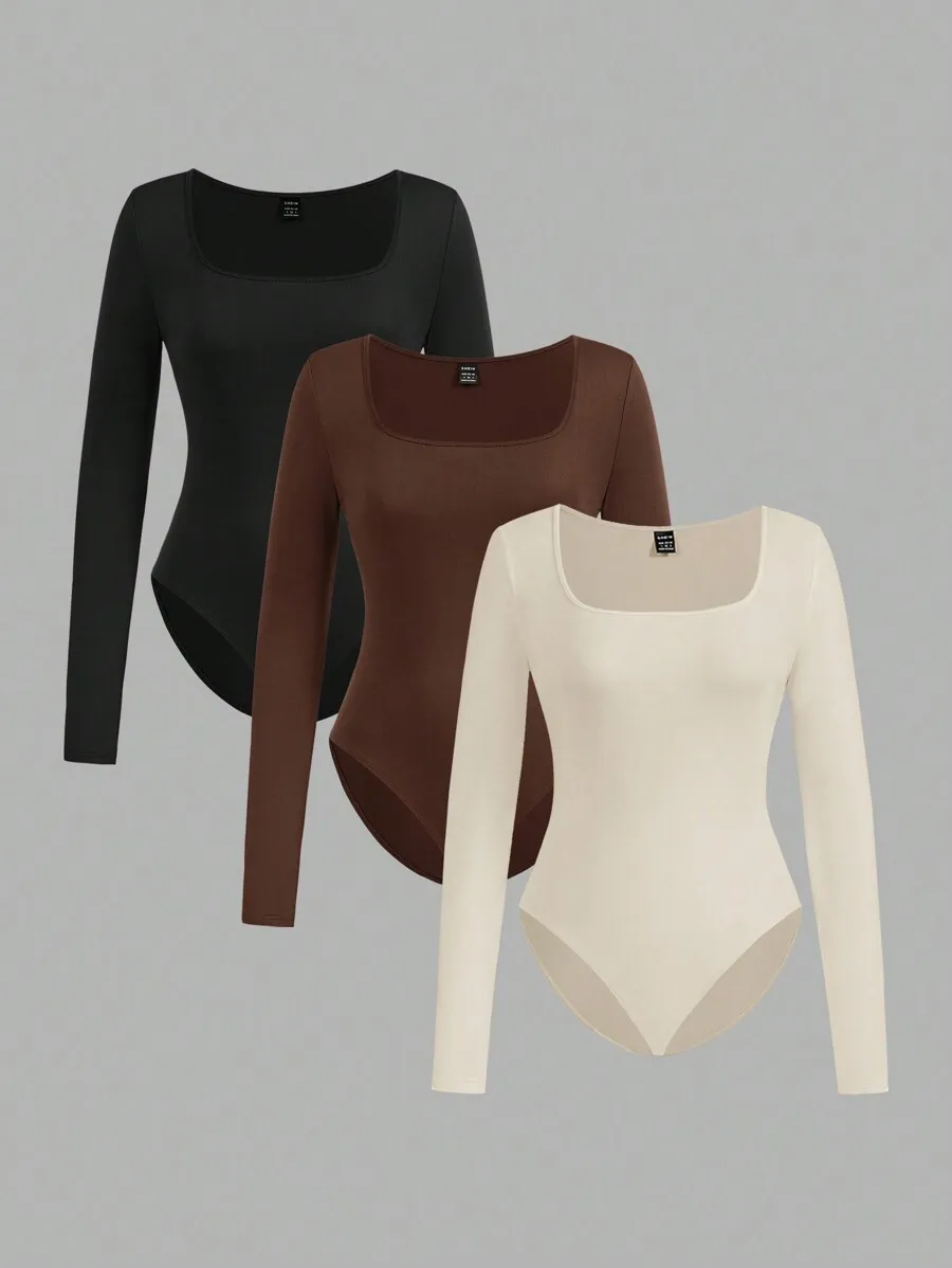

Комплект из 3 женских боди с квадратным вырезом и длинными рукавами — черный, коричневый, кремовый