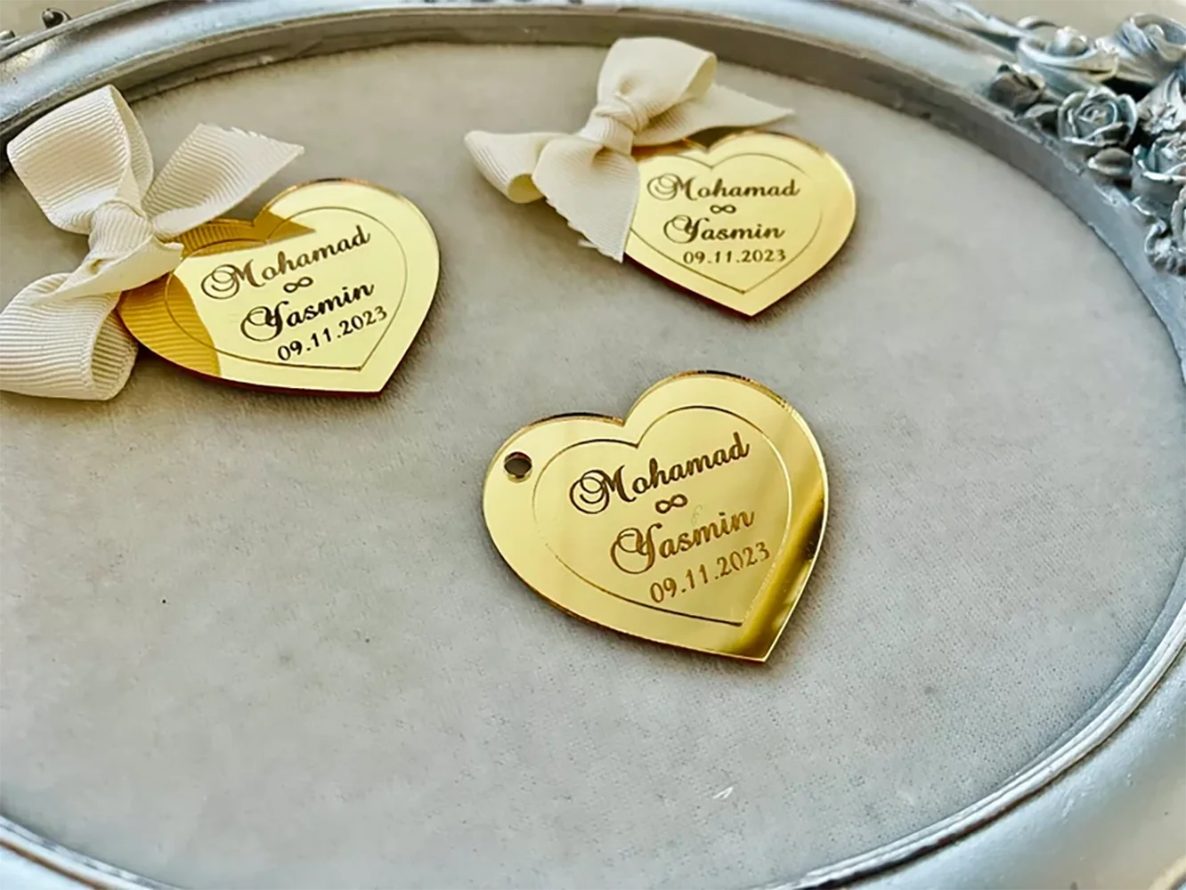 

30/50/100Pcs Personalized Engagement Heart Shape Mirror Tag | Wedding Favor Tag | Heart Tag | Engagement Name Tag