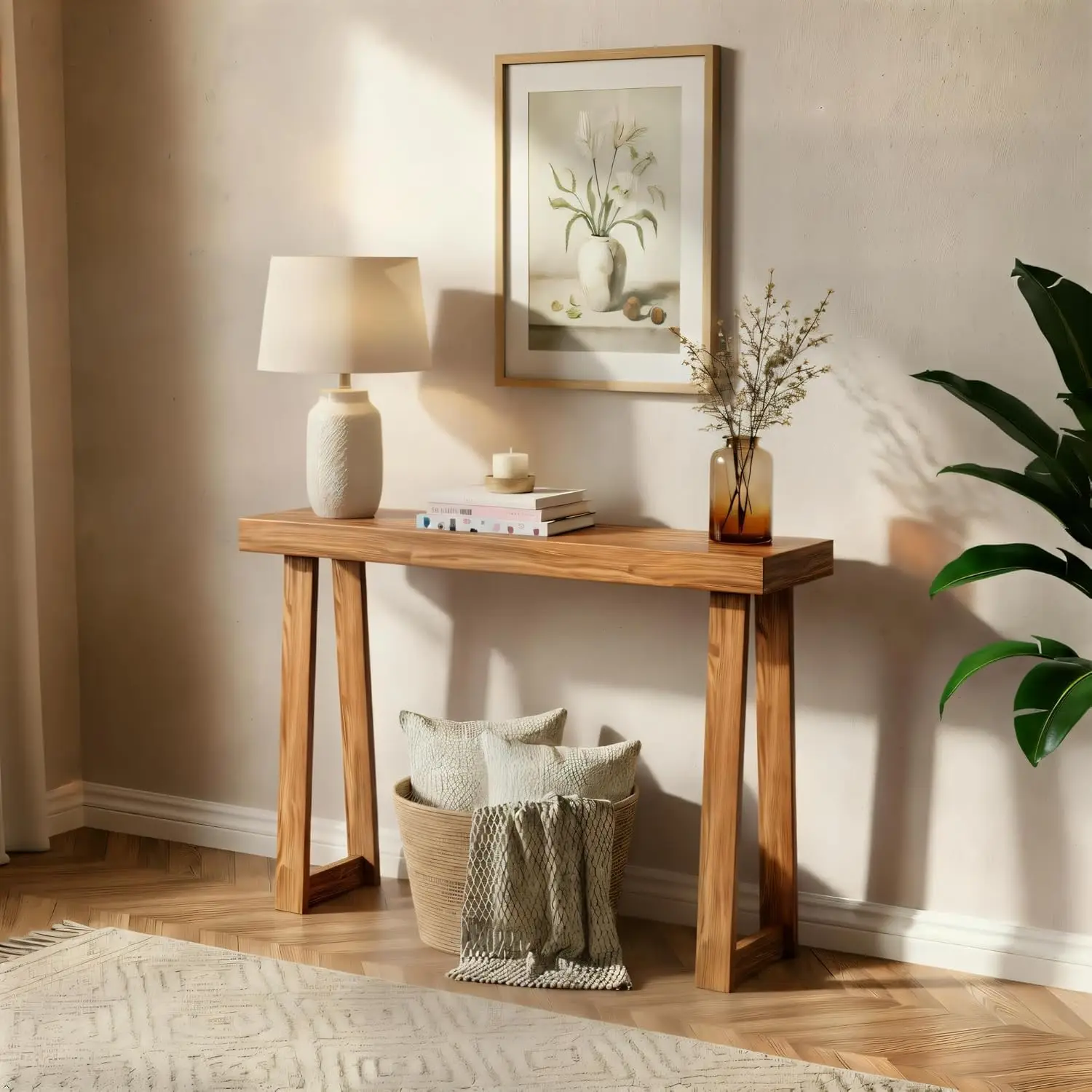 36 Inch Solid Wood Console Table, Narrow Entryway Sofa Table for Living Room, Foyer, Easy Assembly in Pecan Finish