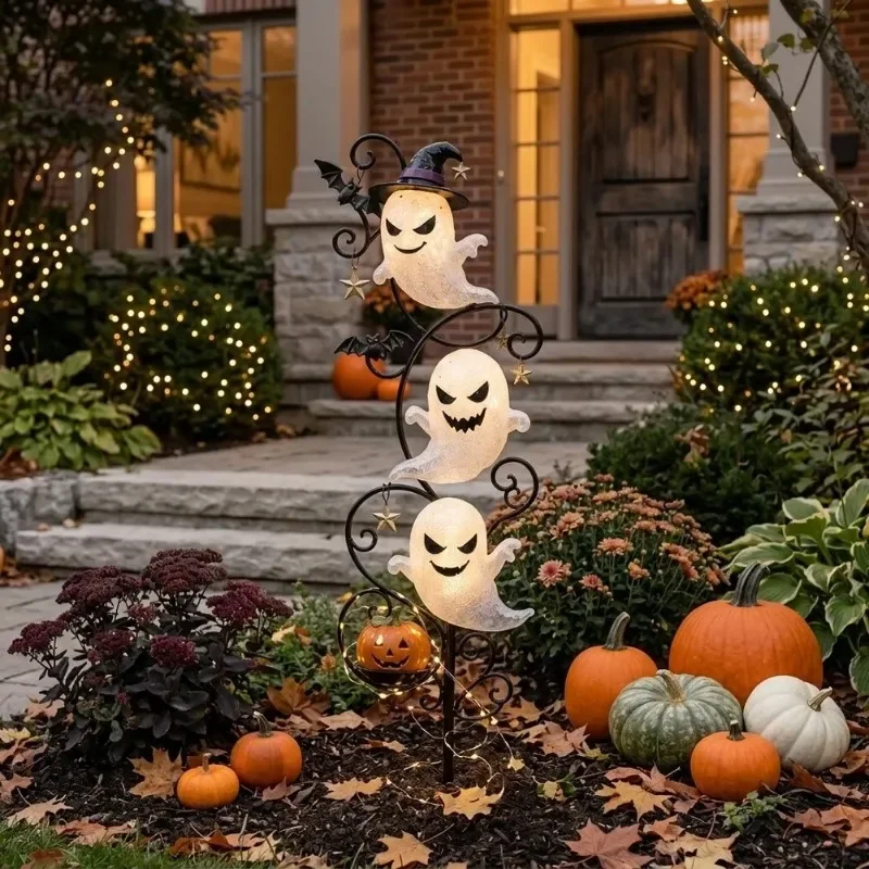 1 pièce, piquet de jardin lumineux à LED 2D pour Halloween, avec chapeau de sorcière, motif chauve-souris et citrouille, pour la décoration de la cour, 45 cm, construction en métal.