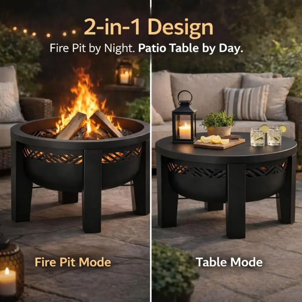 Outdoor Metal Fire Pit with Multi-Use Side Table and Tabletop Lid for Patio & Backyard