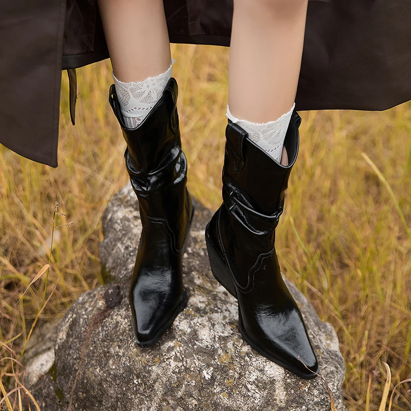 2024 New Autumn/Winter Women Boots Genuine Leather Women Shoes Pointed Toe Chunky Heel Modern Cow Suede Western Boots