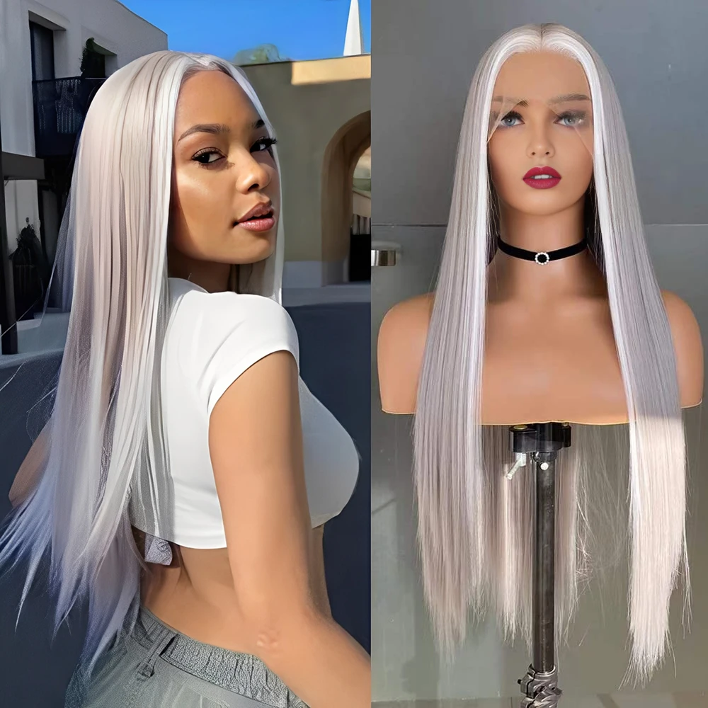 

Highlights Grey Straight Hair Synthetic Wig White Highlights Silk Straight Lace Front Wigs Party Cosplay Use Grey Natural Hair