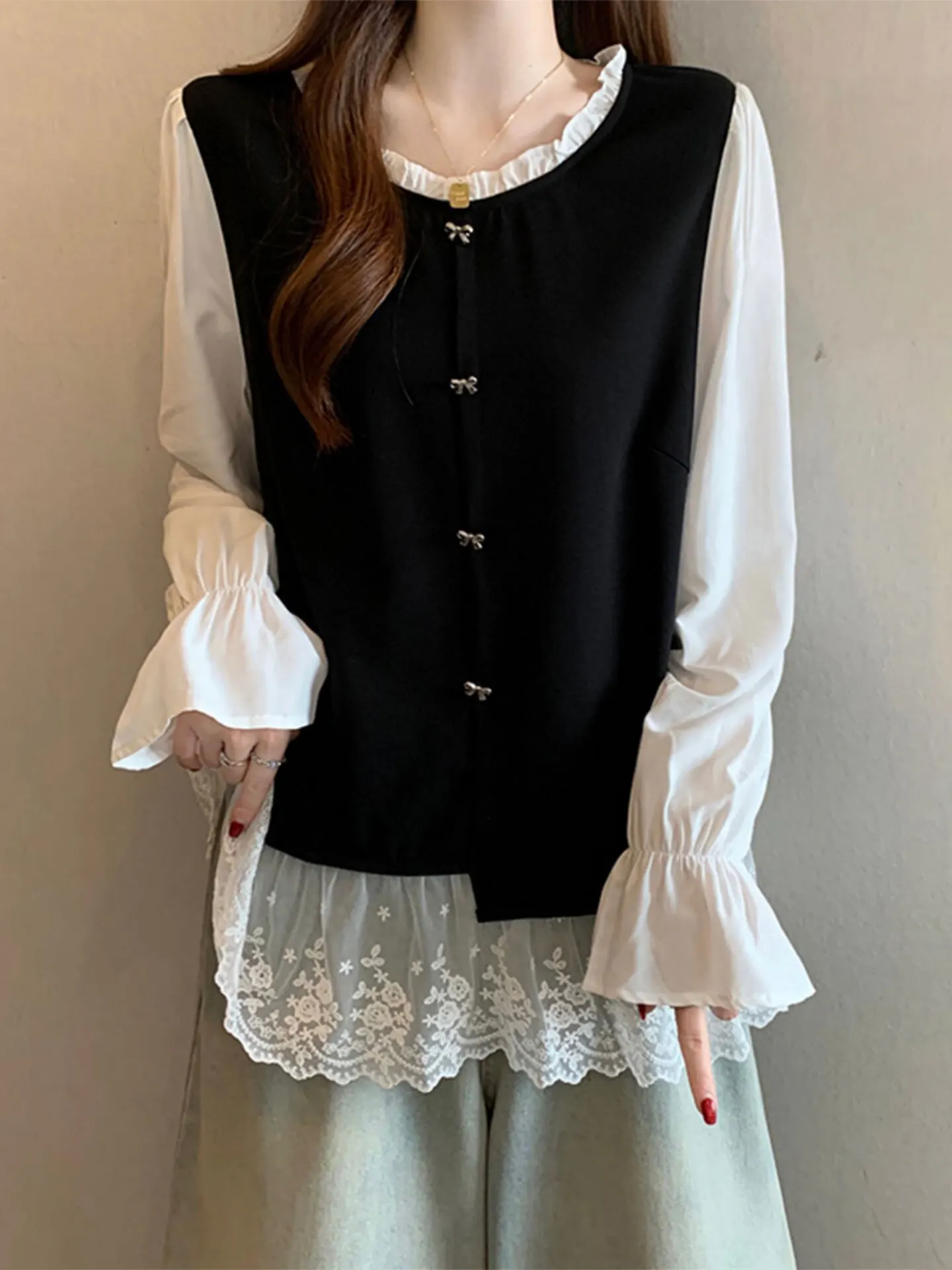 

Lace Splice Long Sve irt Women's plus Size Spring Design Sensation Small Fraance Sle Top Korean Loose Commute Sle