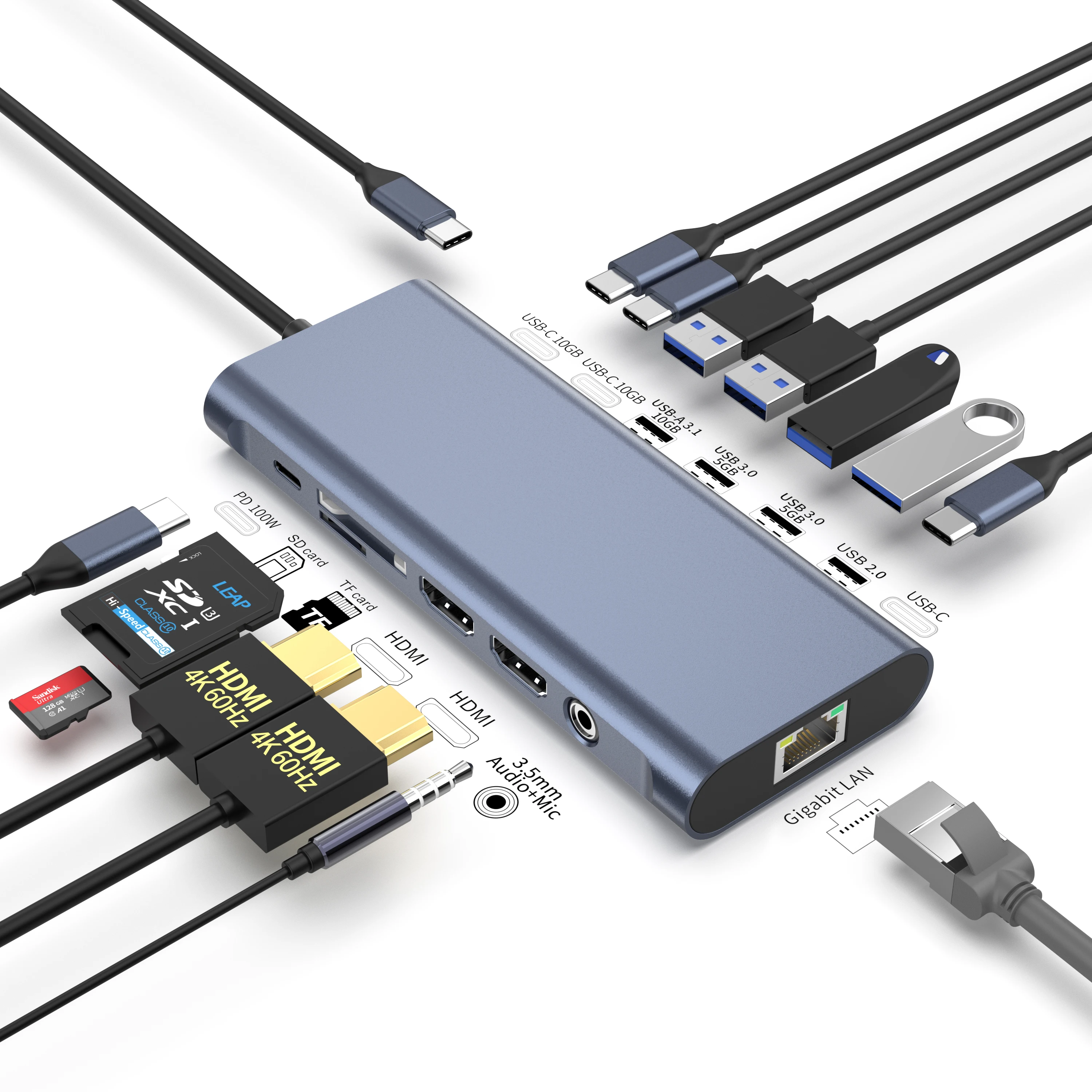 14 in 1 USB Type-C Dual HD MI 60HZ Rj45 USB 3.0 SD Card Reader Hub Docking Station USB Hubs