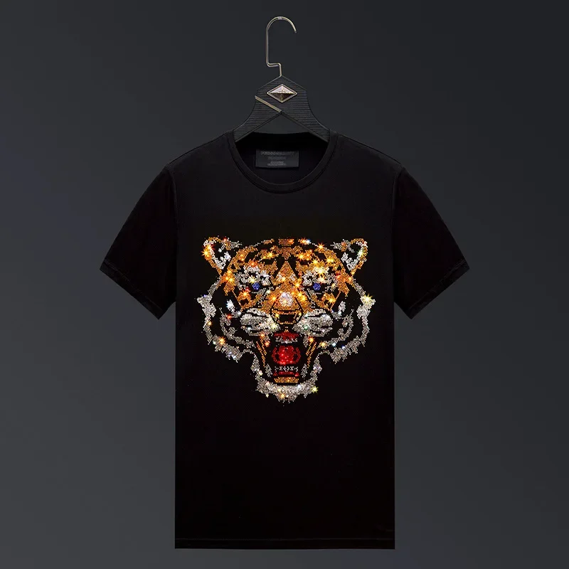 

Cartoon Tiger Rhinestones T Shirts Men Brand Short Sleeve Fashion Man Streetwear Cotton O Neck Slim Tshirts Camiseta Masculina