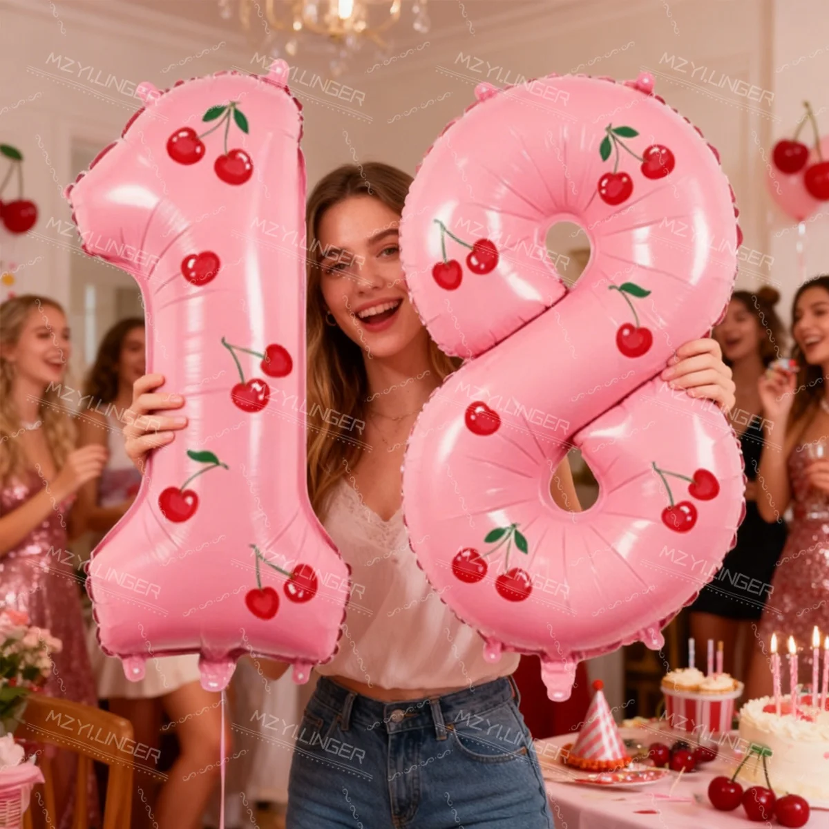 32 Zoll Rosa Digitaler Aluminiumfolienballon mit Kirsch-Aufkleber für Geburtstagsfeiern und Jubiläumsdekorationen – Detail 2