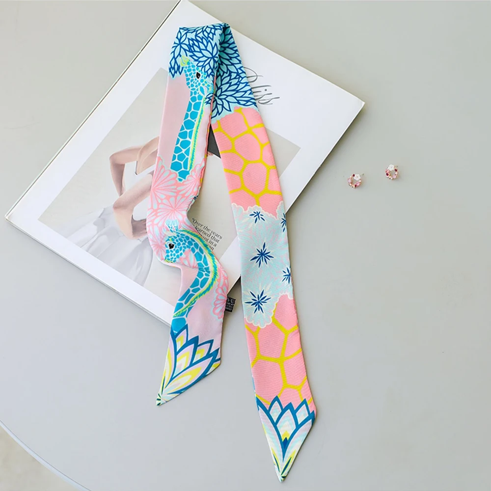 2022 Fashion New Giraffe Animal Pattern Hair Band Bag Satin Silk Scarf Women\'s Neck Hair Scarf Band Headwear Handbag Tie Ribbons