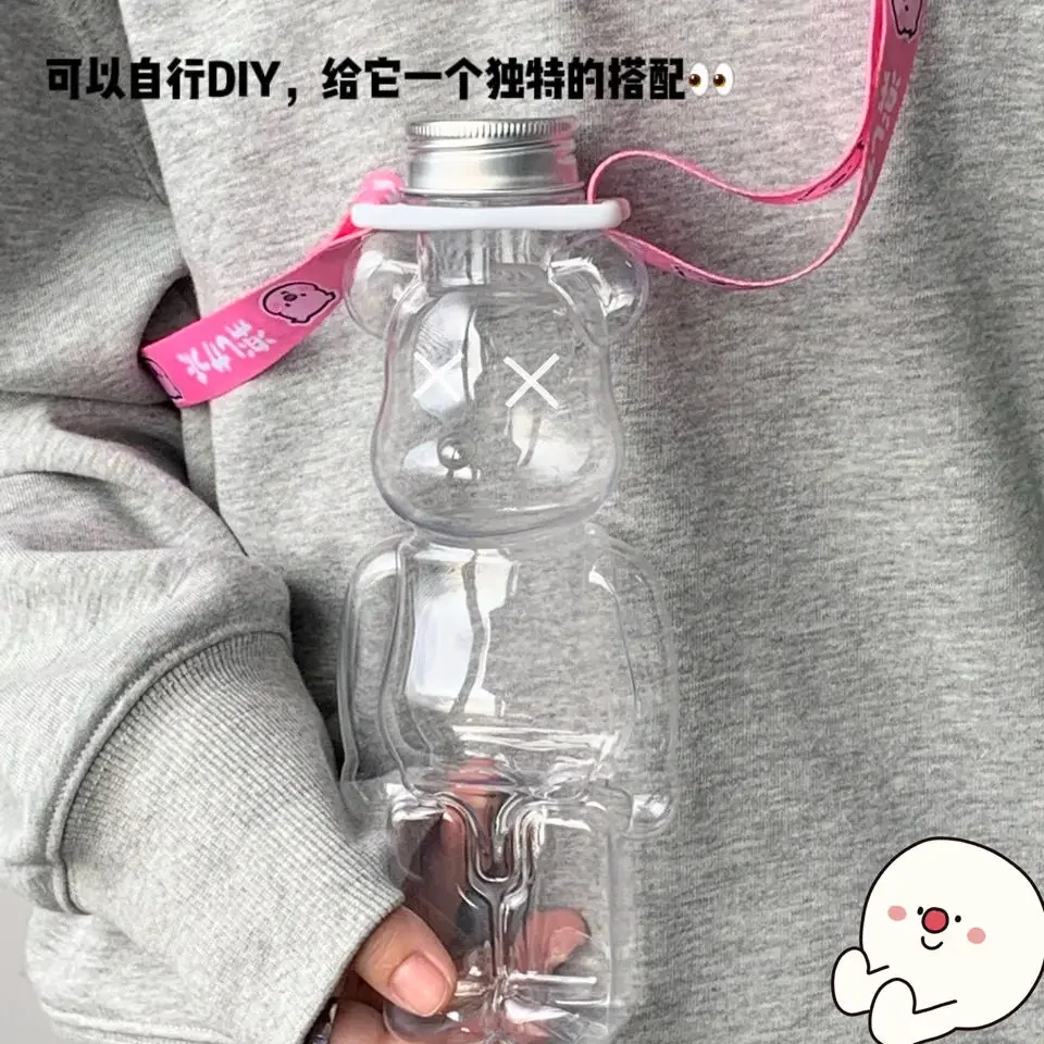 Transparent Plastic Water Bottle With Straw For Kids Portable Leak-proof Cup Cute Bear Student Personality Cup