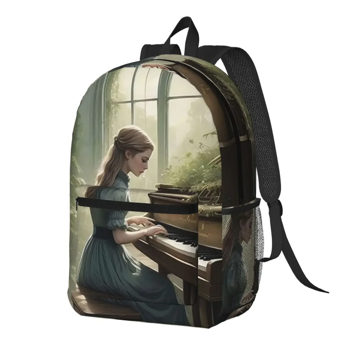 Girl Playing Grand Piano Floral Motifs Backpack Daypack Large Capacity Boys Girls BookBag School Bag Shoulder Bags for Men Women