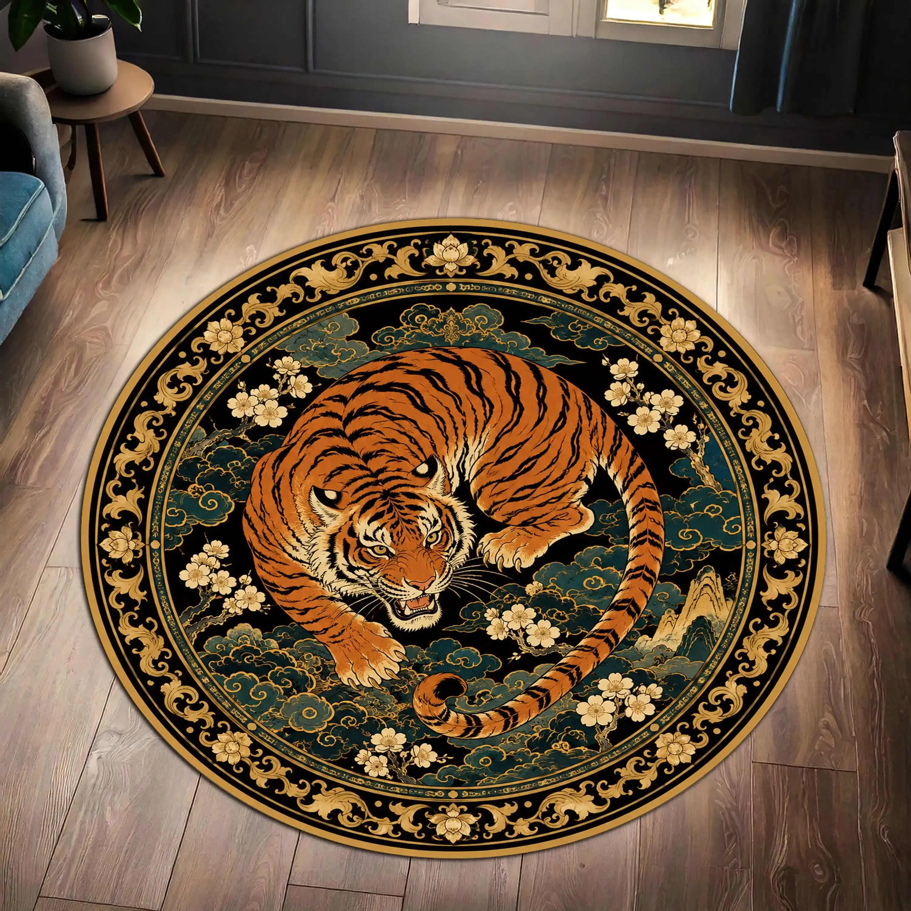 Round Decorative Throw Rug Cushion Mat Safari Animal Print Jungle Style Home Decor Accent Rug for Living Room