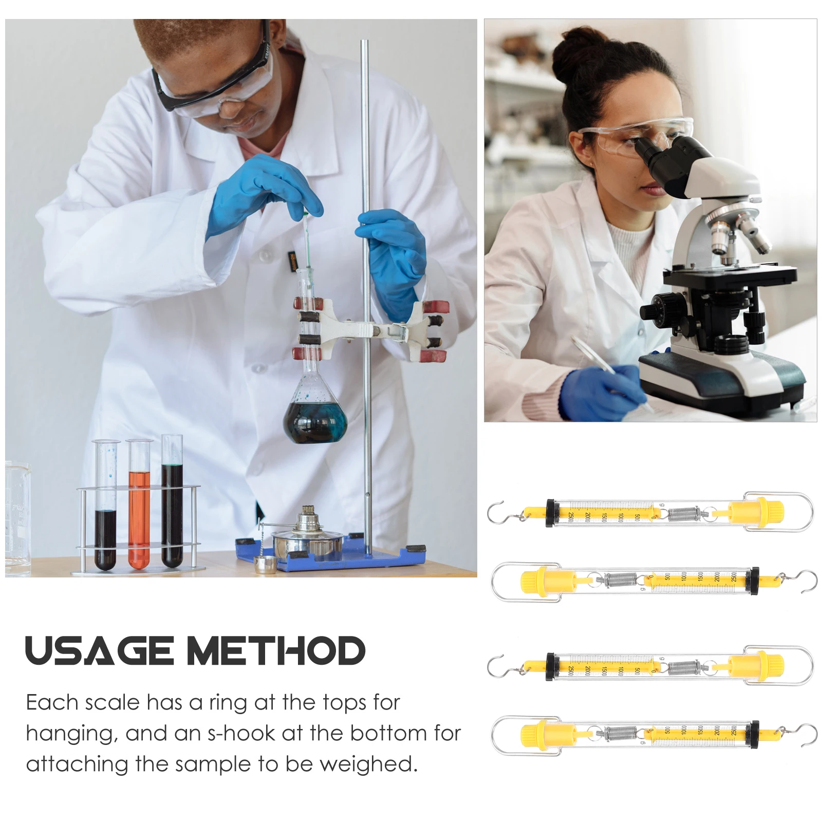 

4Pcs Spring Scale Tubular Newton Force Meter Clear Plastic Housing S Hook Ring for Gravity Tension Measurement