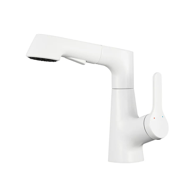 

Minimalist white pull-out basin faucet Lift rotatable extension shampoo hot and cold faucet