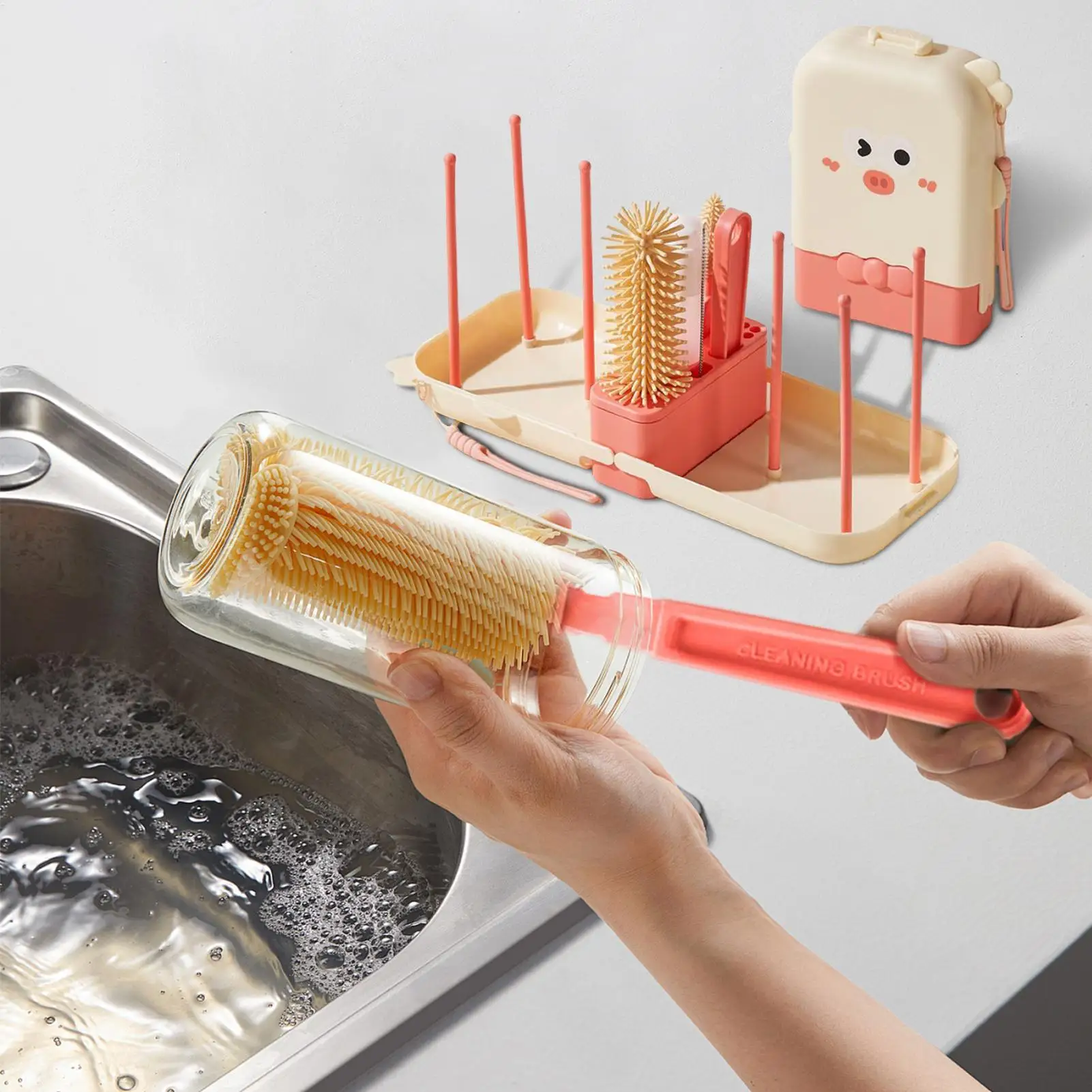 Travel Bottle Brush Baby Bottle Cleaning Set With Storage Case Vertical Scrubber Portable Foldable Drying Rack For Kitchen