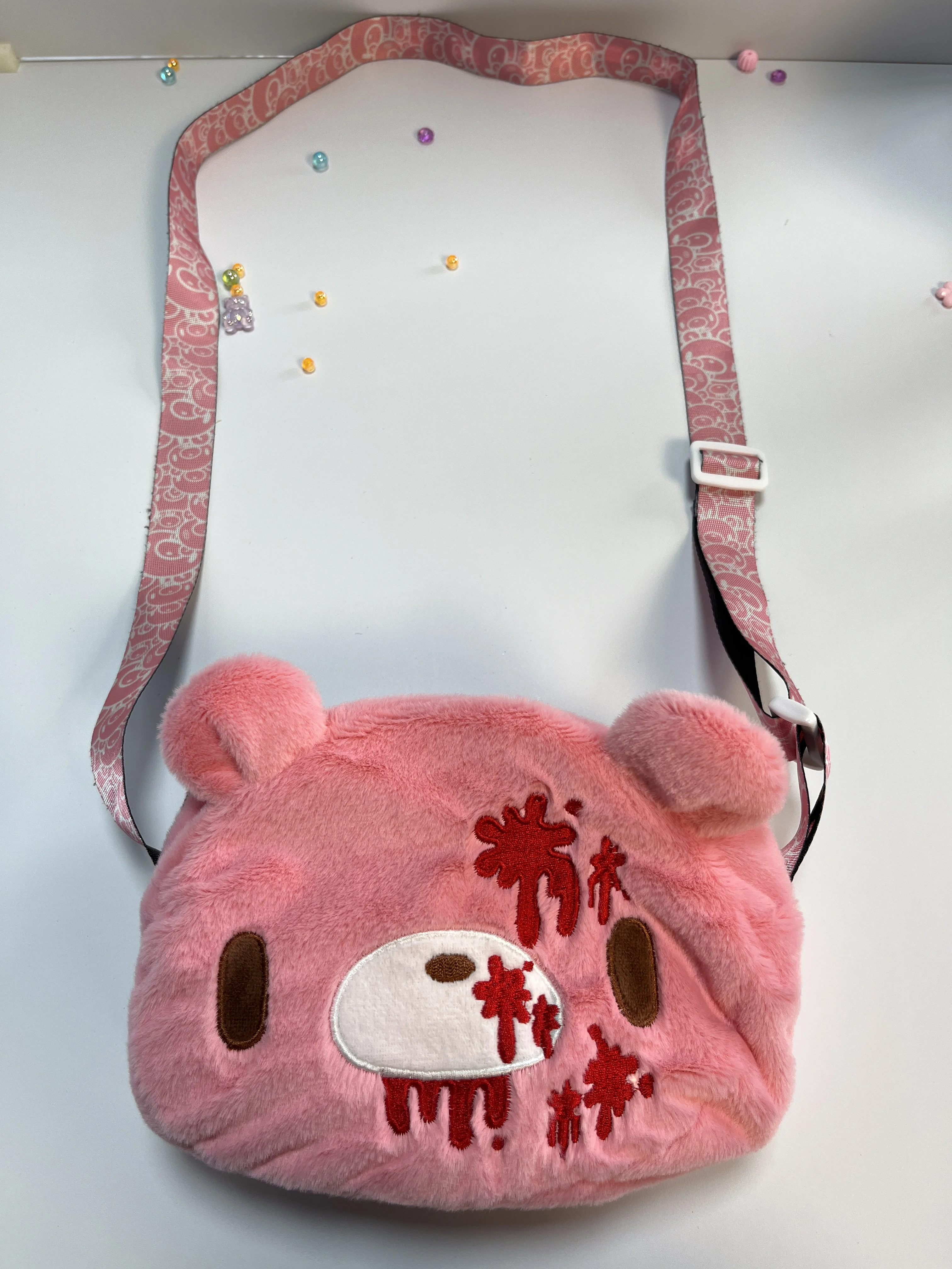 

Pastel Goth Pink Bear Plush Crossbody Bag,Kawaii Dark Style Bloody Embroidered Shoulder Bag,Unique Y2K Alt Fashion Accessory