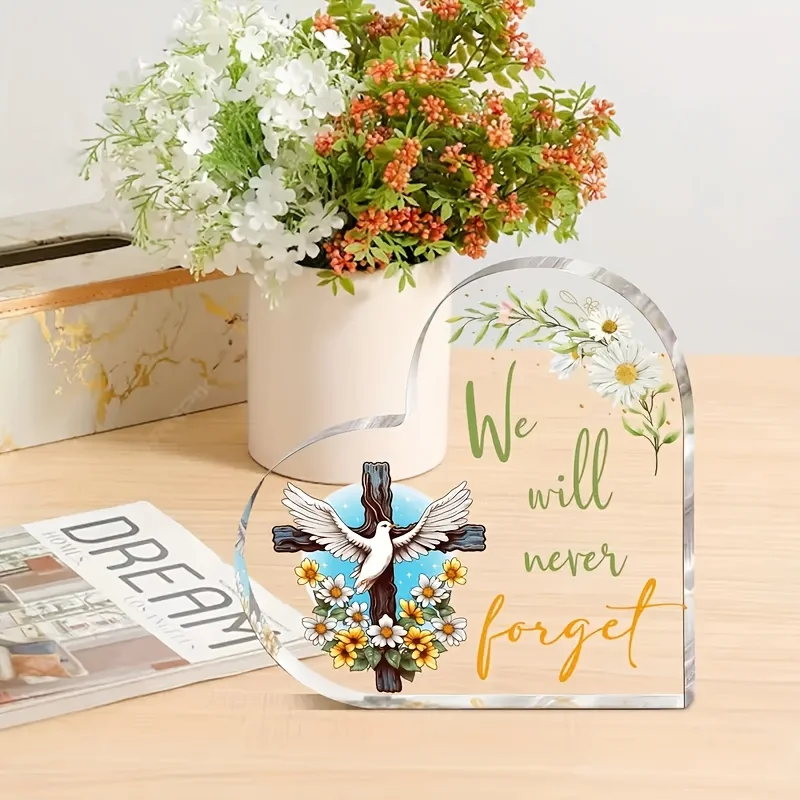 CIFBUY Acrylic Heart Plaque Memorial Wall Decor with Cross Dove Daisy, Sympathy Gift for Loss of Loved One, Home Decor
