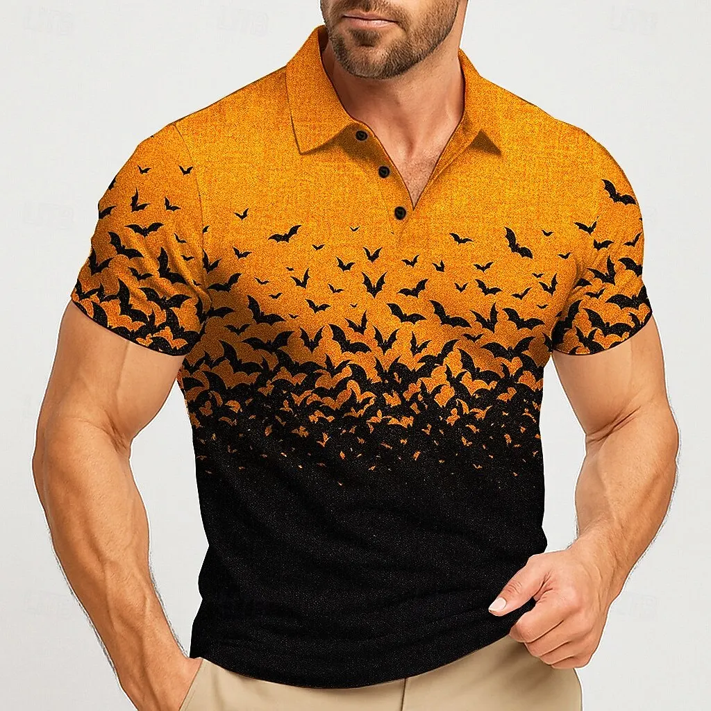2025 Halloween Men's Bat Fashion Short Sleeved Polo Shirt Collared Shirt Casual Tops Outdoor Street Polo Shirts fo Men