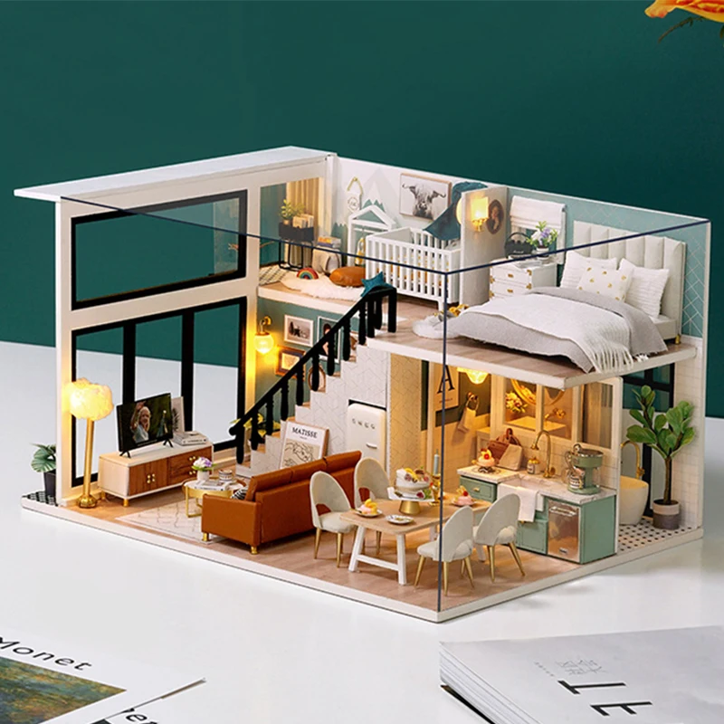 

DIY Wooden Miniature Model Kit Modern Loft Casa Doll Houses Assembled Dollhouses 3D Puzzle With Furniture Light Home Decor Gifts