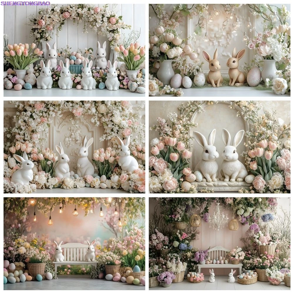 

Spring Easter Interior Flowers Rabbit Backdrop Photography Baby Shower Easter Day Home Decor Kids Portrait Photoshoot Background