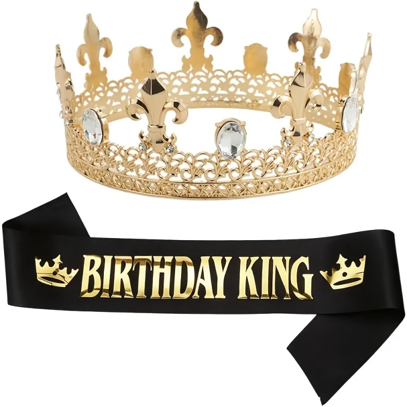 

2pc Men King Crown and Sash Set Gold Baroque Rhinestone Crown Birthday King Shoulder Strap Party Decoration Adult Royal Costume