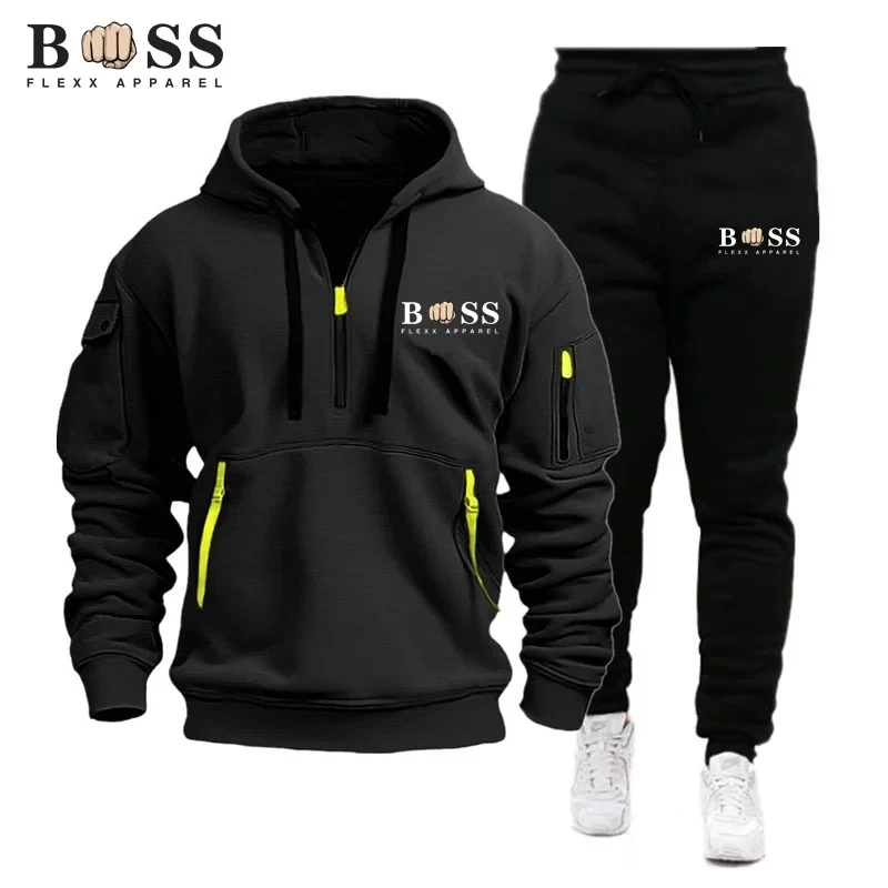 2024 l\'ultima tuta sportiva da uomo tuta da jogging casual tuta da esterno felpa con cappuccio con cerniera + pantaloni della tuta neri 2 primavera